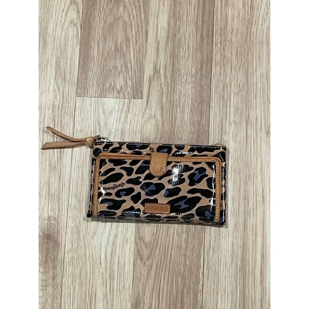 Consuela Slim Wallet Leopard Print Glossy Leather Trim Card Case Zip Pouch